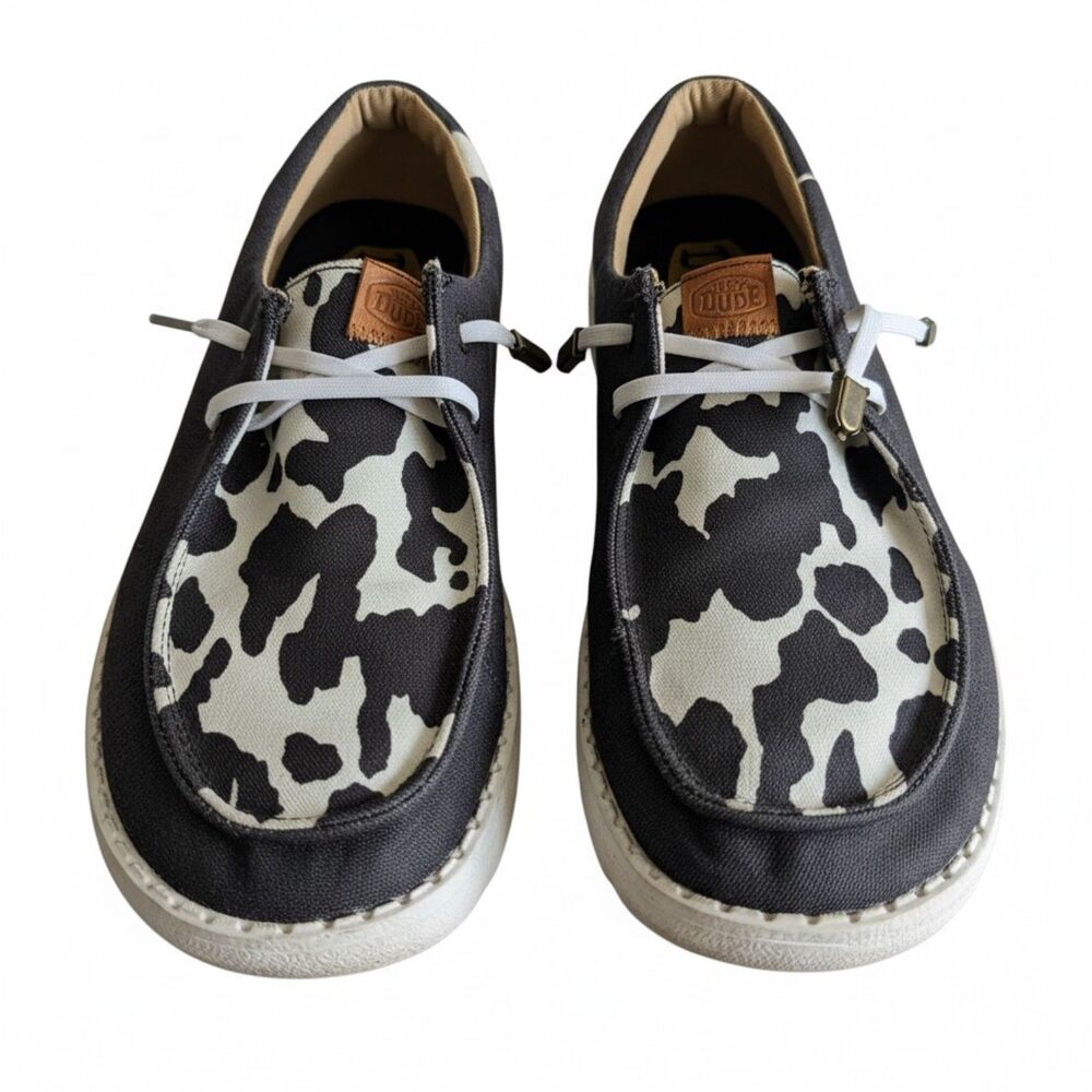 Hey Dude Wendy Animal Cow Print Black White Shoes Size 8 Slip On